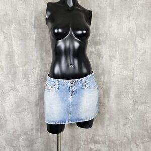 Y2K Paris Blues Jrs 11 Light Wash Denim Low Rise Mini Jean Skirt Pink Jewels‎